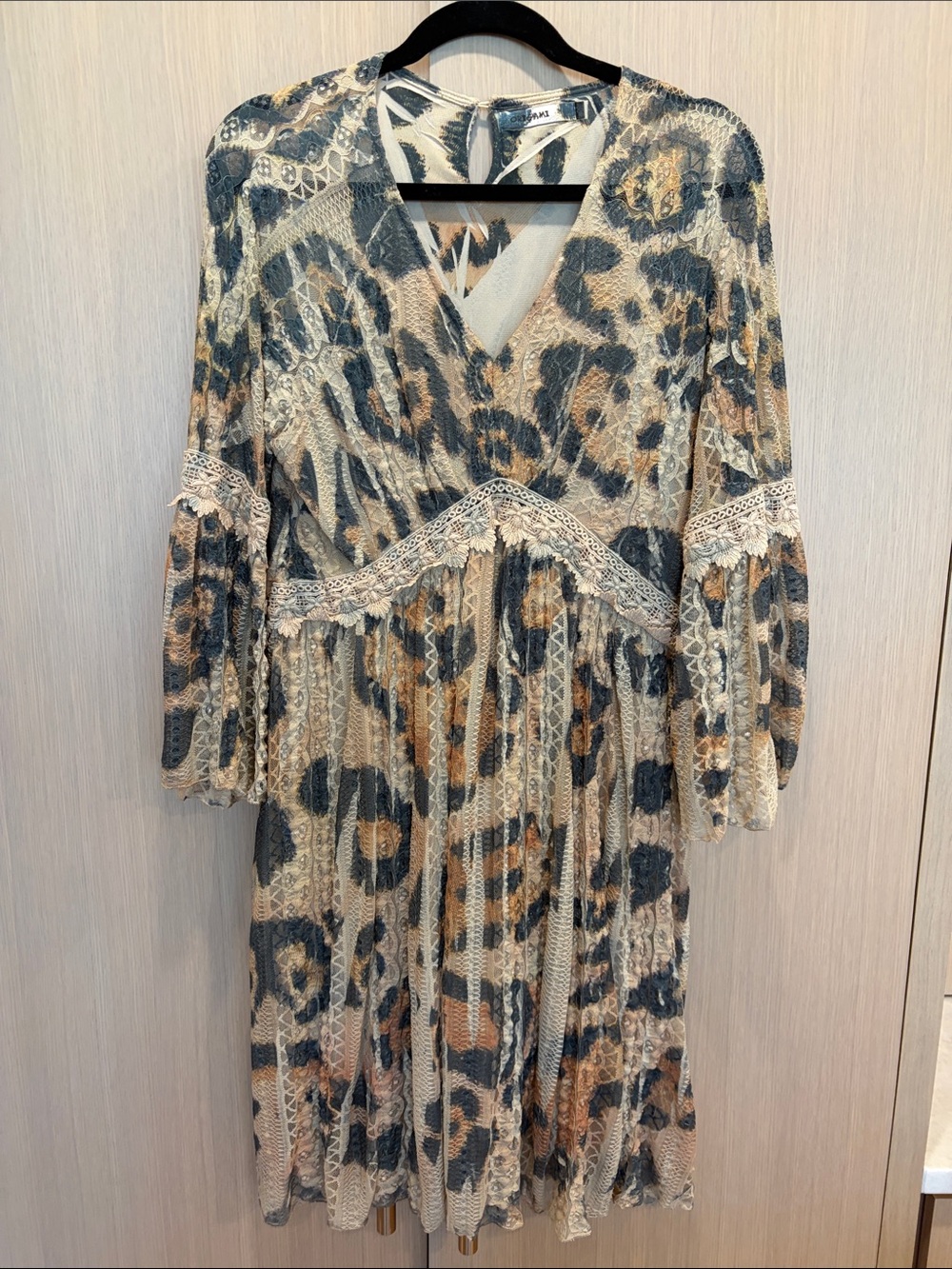 Origami Owl Beige, Gray and Tan Lace-Trim Animal-Print Midi Dress